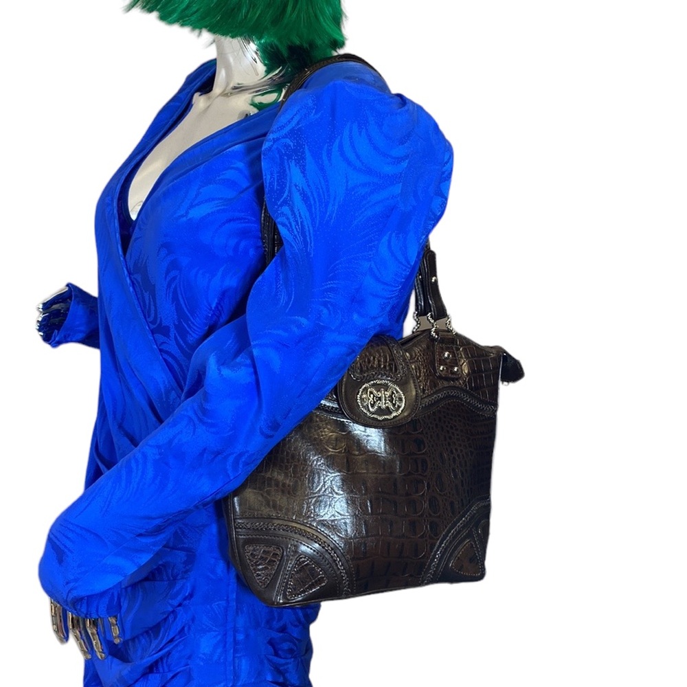 Marc Chantal Shoulder Bag Western Brown‎ Red Lining Animal Print Croc Leather